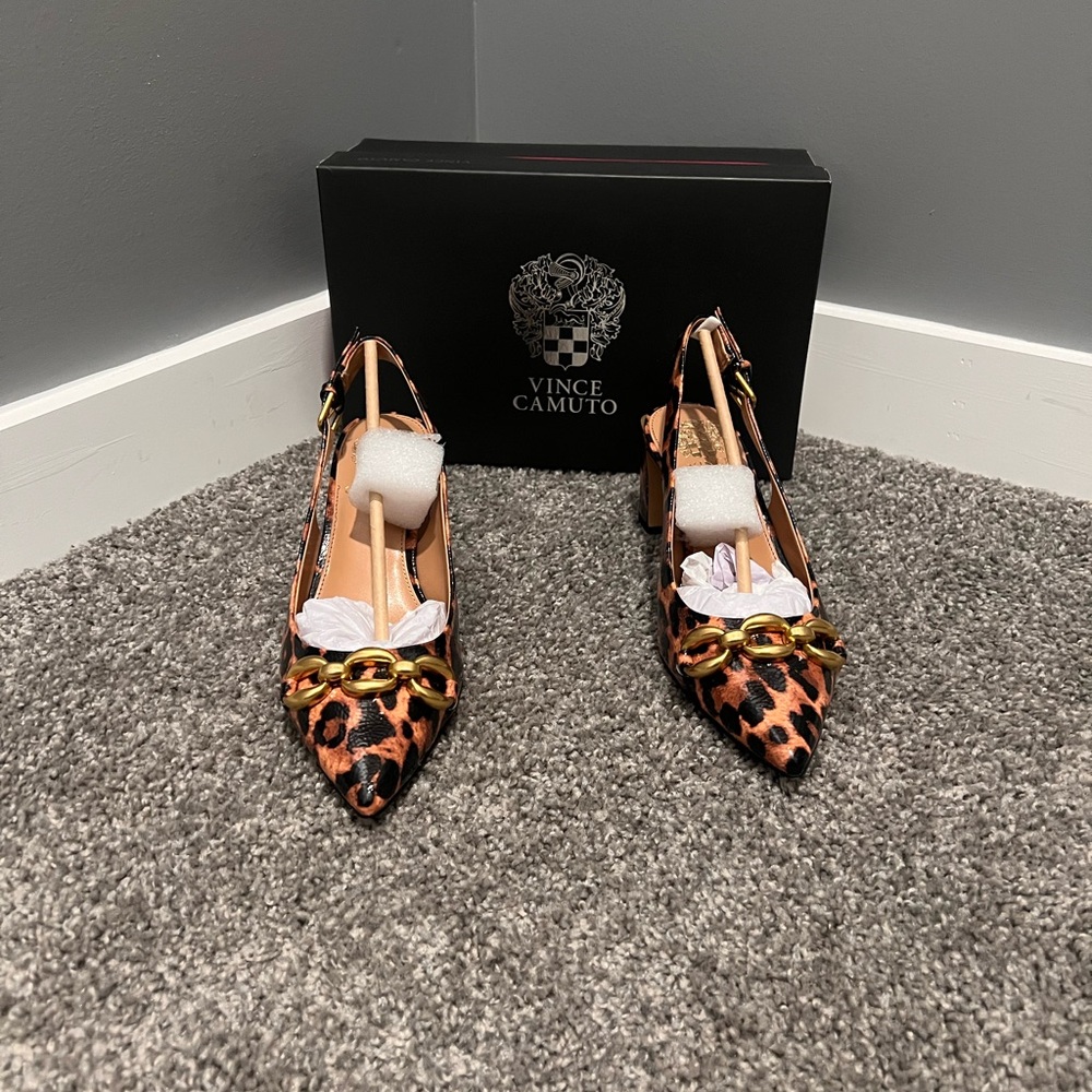 Vince Camuto Leopard Heels with Gold Chain